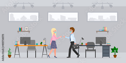 Coronavirus prevention cartoon character guy and blonde lady bumping fists, saying hello, greeting in modern office room vector set. Safe handshake, keep distance, wear mask at workplace interior