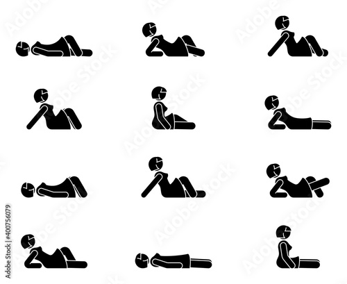 Stick figure woman lie down various positions vector illustration icon set. Female person sleeping, laying, sitting on floor, ground side view silhouette pictogram on white