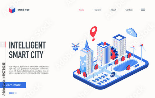 Website modern landing page design with futuristic cityscape infrastructure, automation of office building, intelligent digital technology, cyber house system. Isometric smart city vector illustration