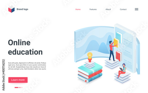 Creative 3d modern educational concept landing page for science library webpage with online school tutor and distance learning course. Isometric reading book, education technology vector illustration