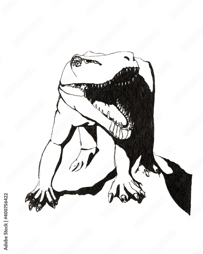 Hand drawn black pen, ink tyrannosaurus, wild ancient animal. B.C. Raster stock illustration isolated on white background in graphics.