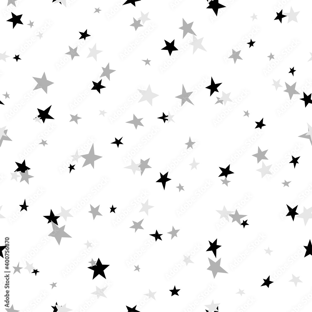 Seamless abstract pattern with black and grey hand drawn shabby stars of different size on white background. Seamless abstract pattern with black and grey hand drawn shabby stars of different size on white background.
