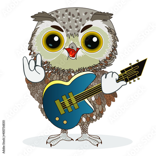 rock themed emoji with owl guitar player showing a sign of the horns gesture with hand, funny cartoon character with facial expression
