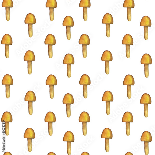 Fly cartoon mushroom seamless pattern on white background. Watercolor hand drawing illustration. Perfect for wallpaper, digital paper, textile. Yellow toadstool mushroom.