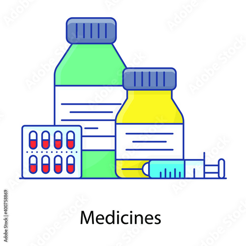 
Drug bottles with tablets, medicines flat outline icon
