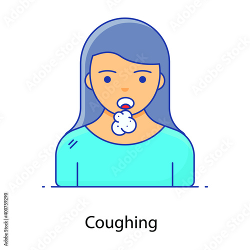 
Sick lady with flu coughing, flat outline concept icon
