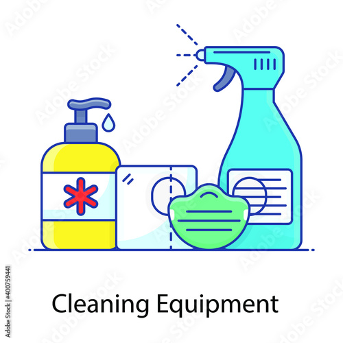 
Cleaning equipment for corona protection, flat outline icon
