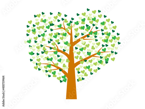 Tree with green heart leaves on white background. Love and Valentine 's day concept.