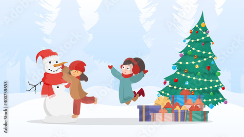 Children make a snowman in a snowy forest. Snowman, girl in warm winter clothes. Cartoon, vector illustration. © Javvani