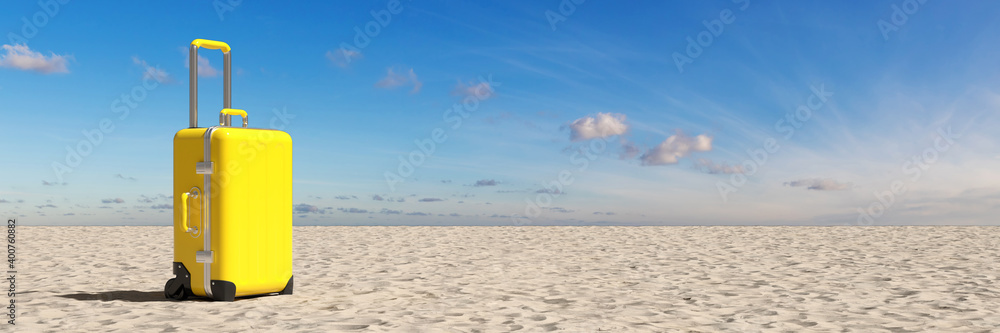 Koffer auf Sand vom Strand vor Himmel im Urlaub Koffer auf Sand vom Strand vor Himmel im Urlaub