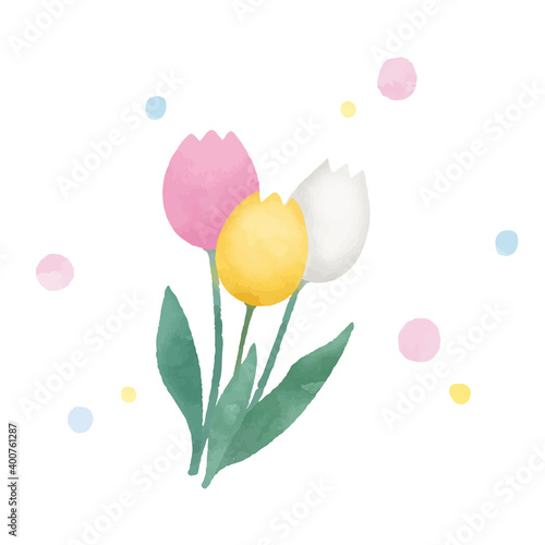 パステルカラーのチューリップの水彩イラスト