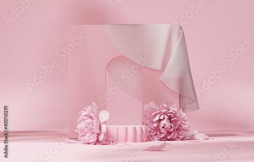 3D display podium pastel pink flower  background. Peony blossom, for woman gift. Nature minimal pedestal for beauty, cosmetic product presentation. Valentine, feminine copy space template 3d render