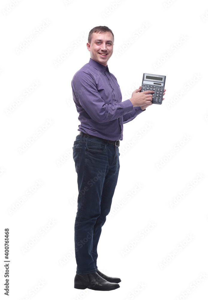 Businessman standing on white background with calculator Businessman standing on white background with calculator