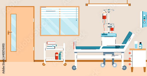 Interior of a hospital room with a bed and medical equipment for first aid and treating ill patients. Banner for concept of medicine and health care. Vector illustration.