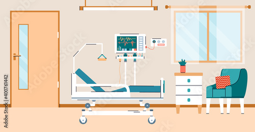 Hospital unit with bed and monitors of medical equipment for monitoring the patients health, flat cartoon vector illustration. Hospital intensive ward interior.