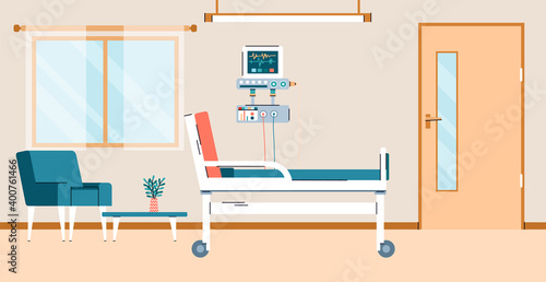Background of hospital room with bed and computer medical equipment, flat cartoon vector illustration. Hospital intensive ward interior and furnishing.