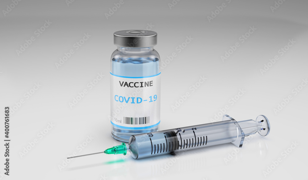 Vaccine for Covid-19. Dose bottles and syringe on a gray background. 3d render Vaccine for Covid-19. Dose bottles and syringe on a gray background. 3d render