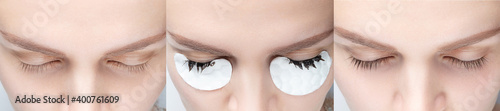 Eyelash tinting before and after. Closeup of womans eyes during eyelash dyeing procedure