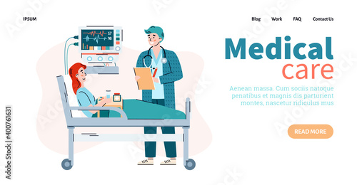Medical care website banner mockup with cartoon characters of doctor and patient in hospital unit, cartoon vector illustration. Layout for web page of hospital or clinic.