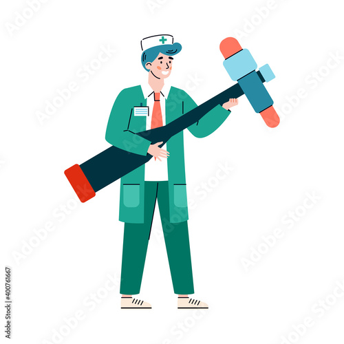 A character of doctor neurologist with huge reflex hammer. Medical practitioner is diagnosis and treatment of neurology disease in clinic or hospital. Vector isolated illustration.