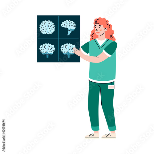 Doctor neurologist with x-ray scan of human brain, flat cartoon vector illustration isolated on white background. Neurology and research of human brain activity.