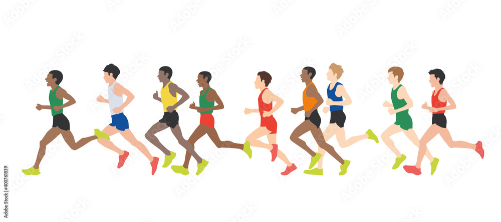Men dressed in sports clothes running marathon race. Participants of athletics event trying to outrun each other. Flat cartoon characters isolated on white background. Vector illustration. Men dressed in sports clothes running marathon race. Participants of athletics event trying to outrun each other. Flat cartoon characters isolated on white background. Vector illustration.