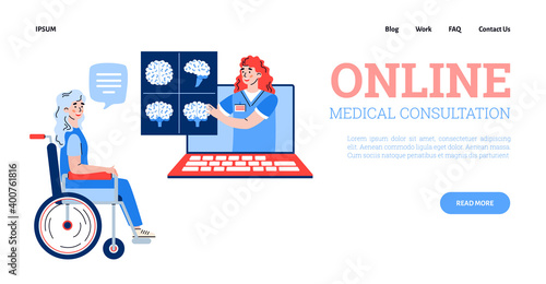 Online medicine website page with doctor advising disabled patient on neurological issues, flat cartoon vector illustration. Online neurologist consultation.