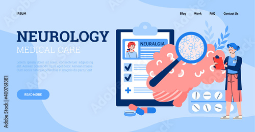 Web page template for neurology medical services and consultation with doctor neurologist, flat cartoon vector illustration. Nervous system disorders and diseases treat.
