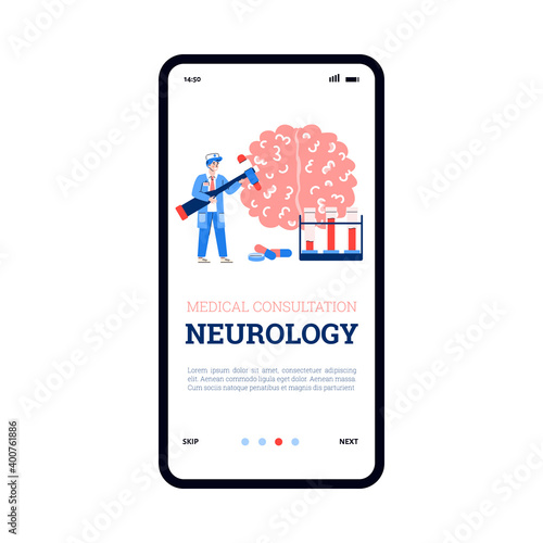 Neurological medical consultation app page template with doctor neurologist, cartoon vector illustration. Onboarding page screen for neurology medicine.