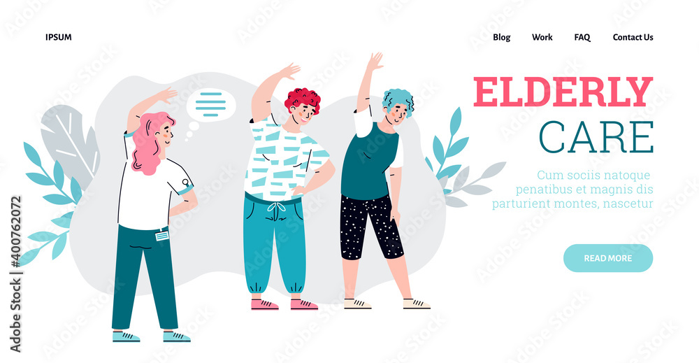 Elderly care website template with people doing physical exercises after injuries, flat cartoon vector illustration. Rehabilitation and physiotherapy for elderly. Elderly care website template with people doing physical exercises after injuries, flat cartoon vector illustration. Rehabilitation and physiotherapy for elderly.