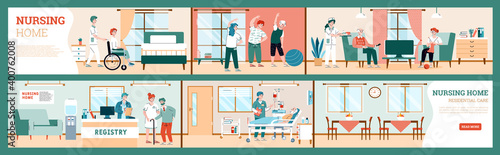 Interior of wards and living rooms of nursing home. Residential care for elderly retired people, medical help senior. Gerontology patient with doctors or nurses. Vector illustration