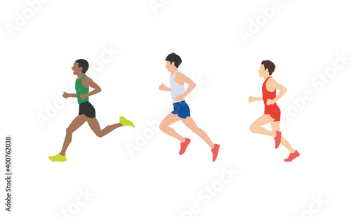 Men dressed in sports clothes running marathon race. Participants of athletics event trying to outrun each other. Flat cartoon characters isolated on white background. Vector illustration.