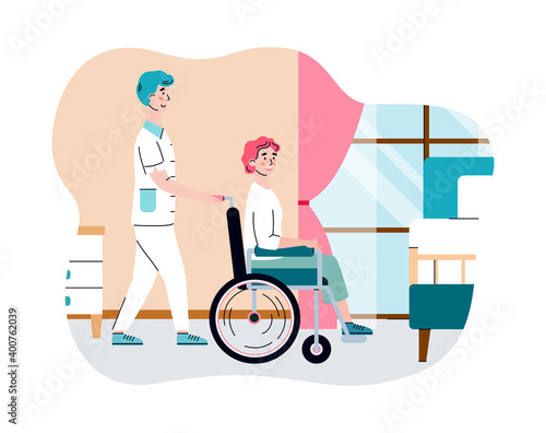 Nursing home for elderly retired people. Female doctor nurse help old woman in wheelchair. Residential for accommodation, health care of gerontology patients. Vector illustration