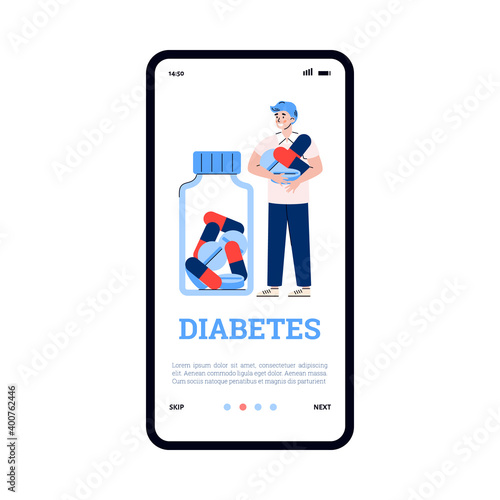 Onboarding page design for diabetes specialists application with man holding pills, flat cartoon vector illustration. Diabetes disease treatment and prevention app.