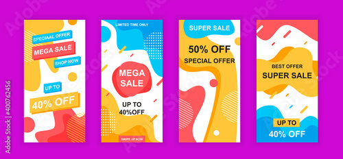 Advertising design social networks instagram stories. Set of sale web banner, poster, cover for online shopping, marketing, promo, discount products. Modern insta cover template. Vector illustration.