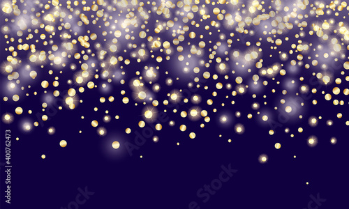 Golden Confetti. Festive background, design for cards, invitations. Abstract texture on a violet background. Design element. Vector illustration, eps 10.