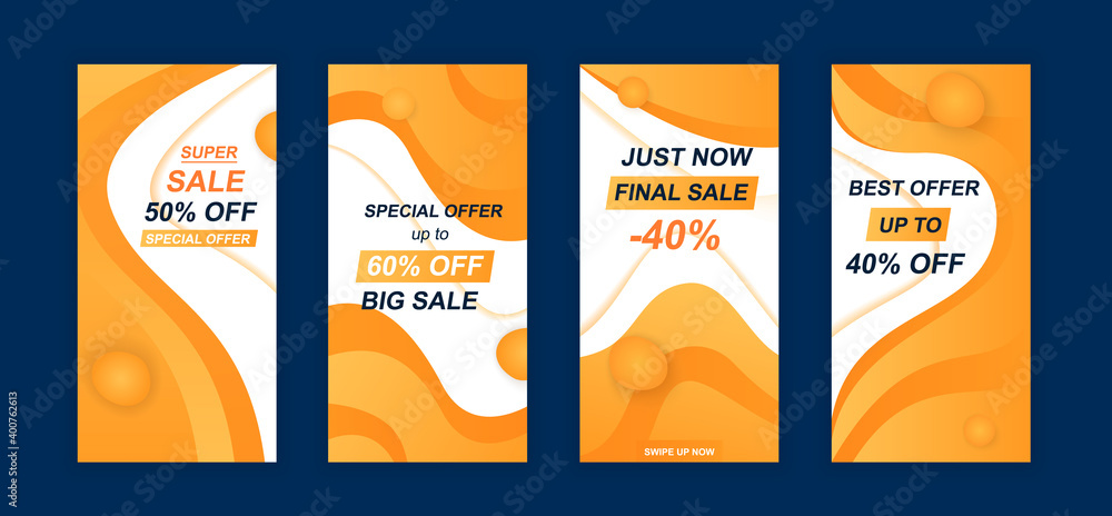 Advertising design social networks instagram stories. Set of sale web banner, poster, cover for online shopping, marketing, promo, discount products. Modern insta cover template. Vector illustration.