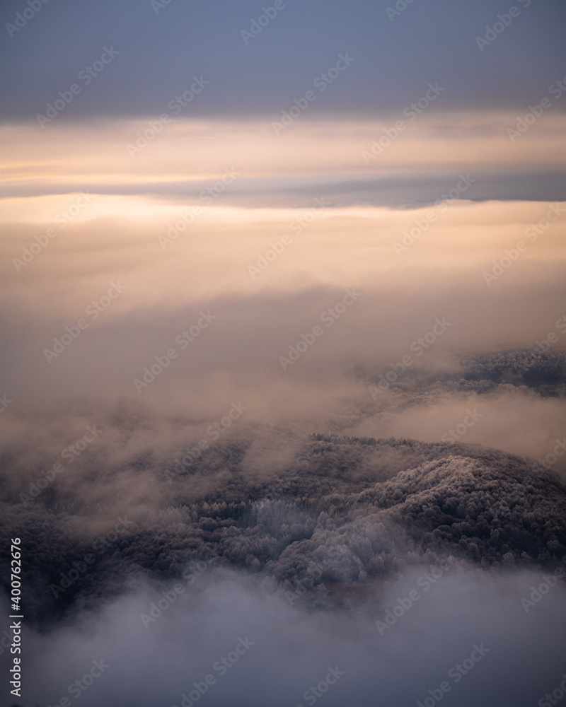 Mountain peaks over the clouds. An unigue vista. Bieszczady National Park. Carpathians. Poland.