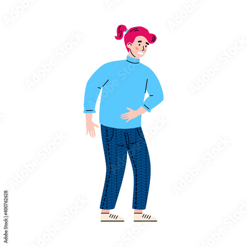 Young woman with stomach pain. Symptoms of gastritis, ulcer, appendicitis, food poisoning or overeating. Vector illustration isolated on a white background.