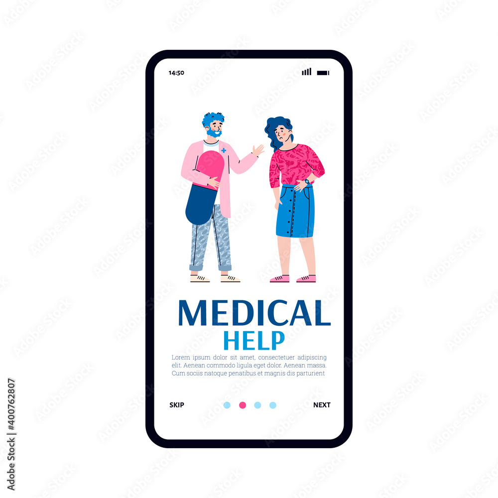 Onboarding mobile page design for medical help application with doctor and sick woman, flat cartoon vector illustration. Online doctor and distance medical consultation. Onboarding mobile page design for medical help application with doctor and sick woman, flat cartoon vector illustration. Online doctor and distance medical consultation.