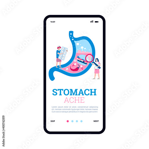 Onboarding mobile page design for stomach ache treatment emergency advice, flat cartoon vector illustration. Mobile app screen for stomach diseases prophylactic.