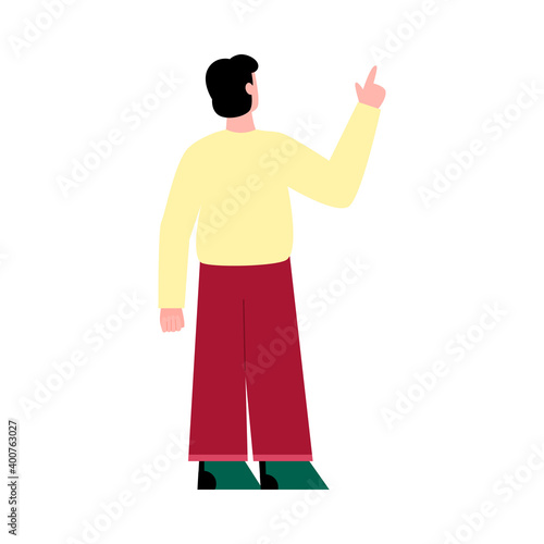 Brunette man standing his back and pointing with his hand up, flat cartoon vector illustration isolated on white background. Rear view of guy with pointing gesture.