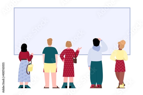 Back view of people group standing together in front of the screen. Male and female characters rear. Men, women in casual clothes view from behind. Vector isolated illustration.
