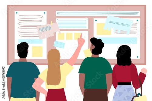 A group of people in front of note board makes plan or checks schedule, cartoon vector illustration isolated on white background. Planning and organizing tasks on board.