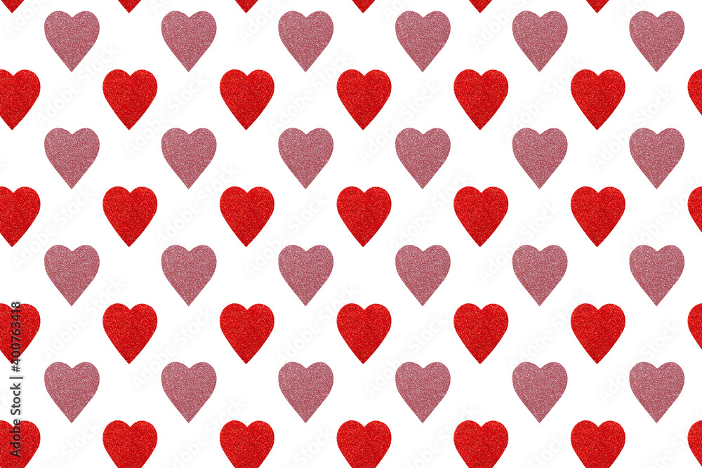 Seamless pattern of pink and red hearts on a white background. fabric design, wallpaper, packaging