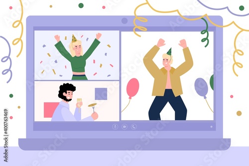 Virtual party , video chat, online birthday celebration via internet. Fun distance meeting, communication for friends or family in quarantine or living far away. Vector illustration