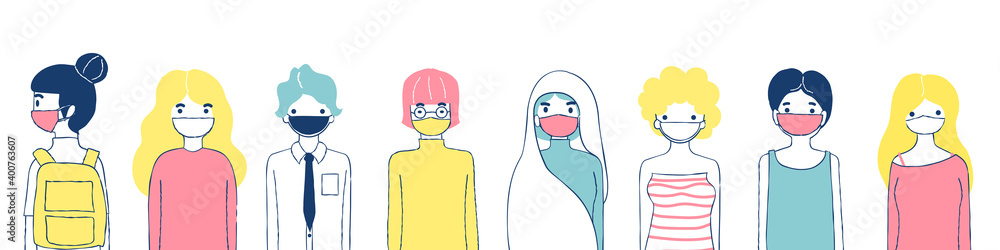Group of young people wearing protective medical face masks to protect from virus, urban air pollution, smog, vapor, pollutant gas emission. Vector illustration for graphic Group of young people wearing protective medical face masks to protect from virus, urban air pollution, smog, vapor, pollutant gas emission. Vector illustration for graphic