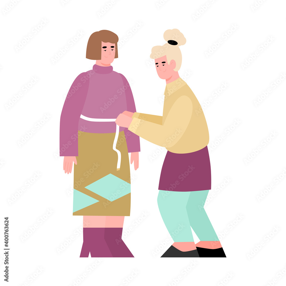 Dressmaker taking measures of client with measuring tape at tailor shop. Sewing workshop or atelier studio, flat cartoon vector illustration isolated on white background.