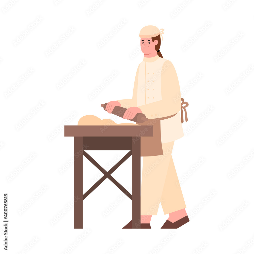 Baker male cartoon character in uniform working with dough, flat vector illustration isolated on white background. Bakery shop worker preparing bread of dough. Baker male cartoon character in uniform working with dough, flat vector illustration isolated on white background. Bakery shop worker preparing bread of dough.