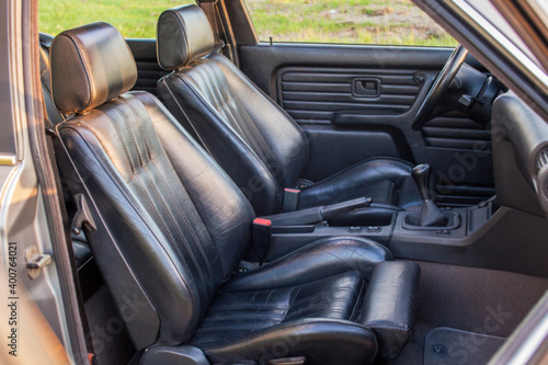 Black leather sport seats of retro car